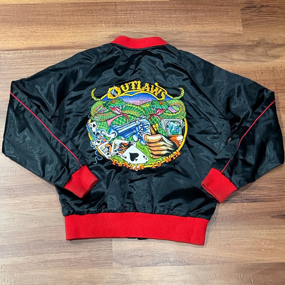 Satin Embroidered Outlaw Poker Guns Black and Red Men's Jacket